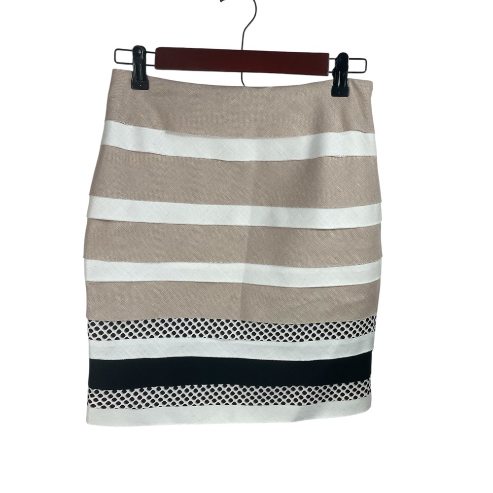 White House Black Market Tan, white and black Striped Layered Pencil Skirt, Sz 2